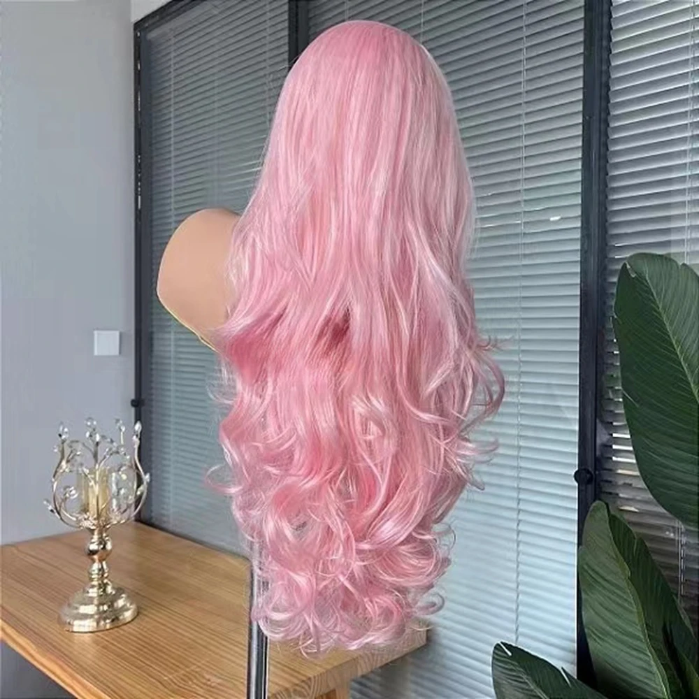 Wif Lange Body Wave Licht Roze Kleur Haar Pruik Lichaam Golvend Natuurlijk Haarlijn Roze Haar Hittebestendige Vezel Synthetische Kant Voorkant Pruiken