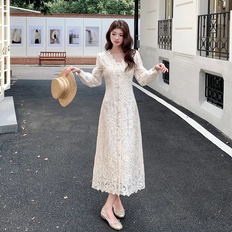 الخريف الفرنسية الراقية فستان جنية أنيق المرأة الخامس الرقبة المطرزة واحدة الصدر ثوب مسائي عطلة عطلة الملابس #4
