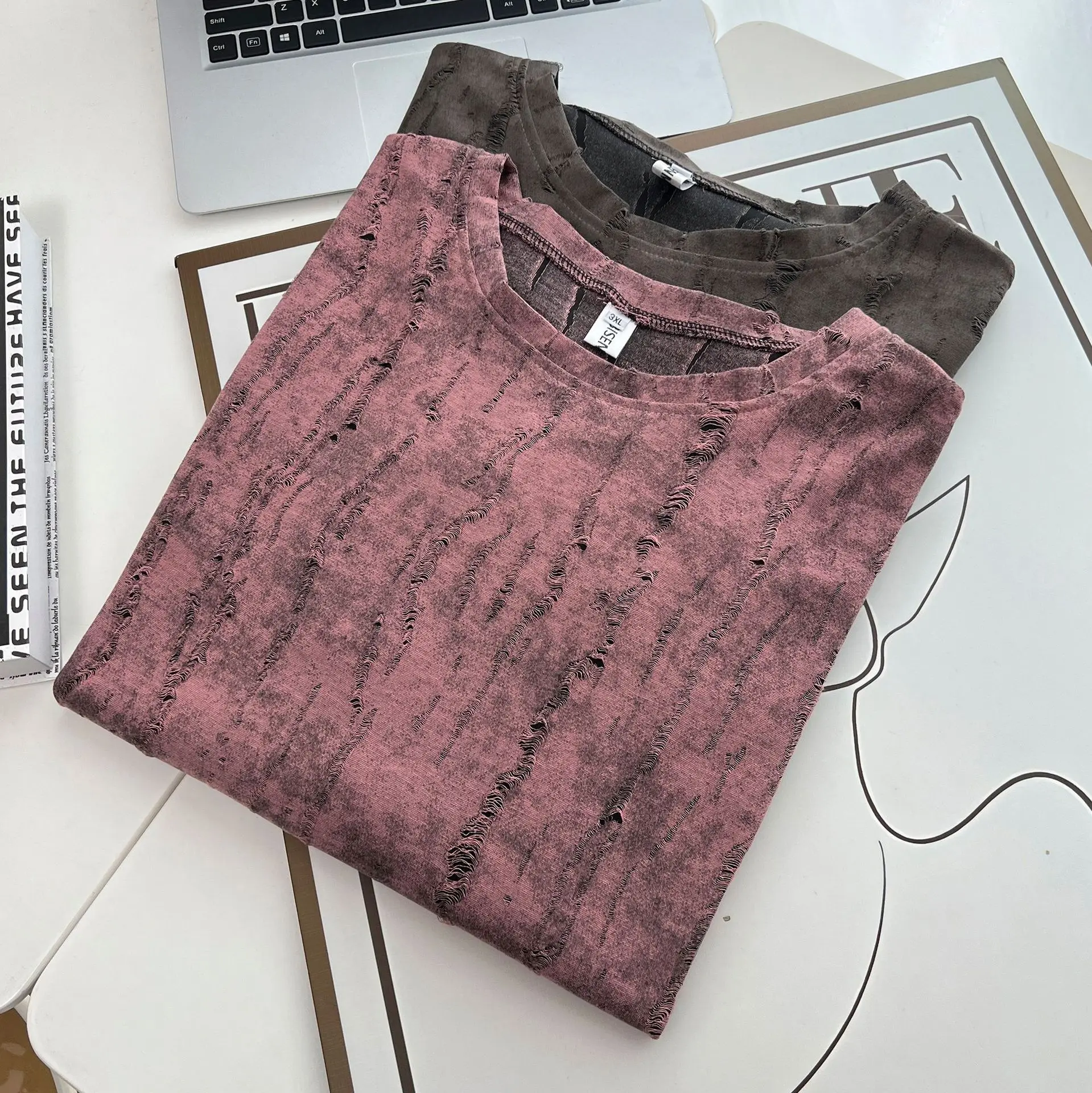 Gaun Wanita Ukuran Besar 100KG Gaun Lengan Pendek Lubang Robek Panjang Menengah Modis Baru Musim Panas 1648