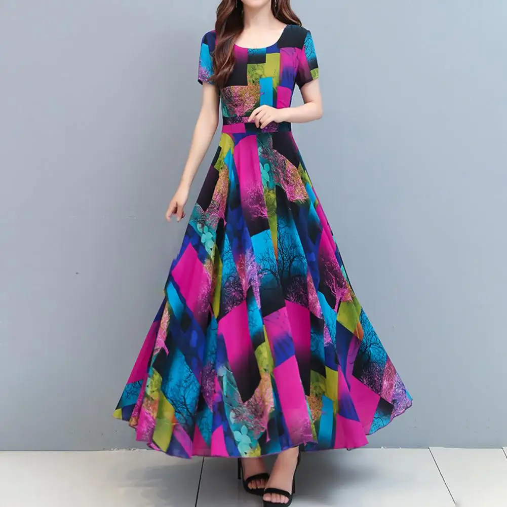 Printing Short Sleeve Women Maxi Dress Summer Ice Silk High Waist Long Dress Korean Style Casual Beach Dress Party Vestidos Robe