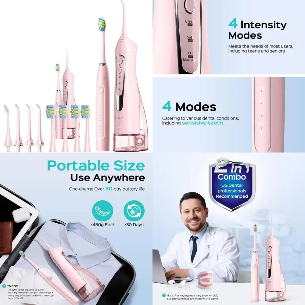 

Портативный ирригатор и электрическая зубная щетка: набор для ухода за полостью рта 2-в-1 для зубов, брекетов, десен — идеально подходит для взрослых, всей семьи, путешествий.