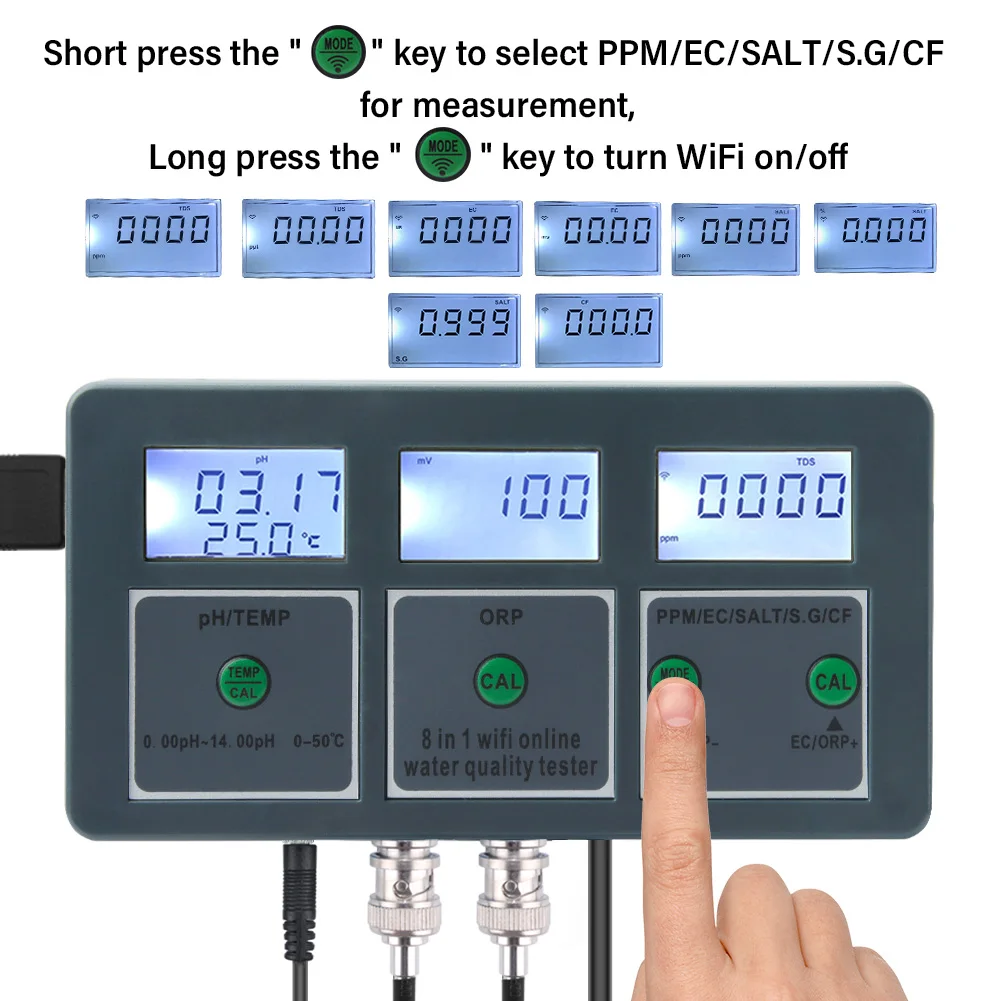 Tuya WiFi PH Meter 8 in 1 Multifunction Temp TDS Salinity S.G. EC ORP Water Quality Tester for Aquariums Pools Hydroponics