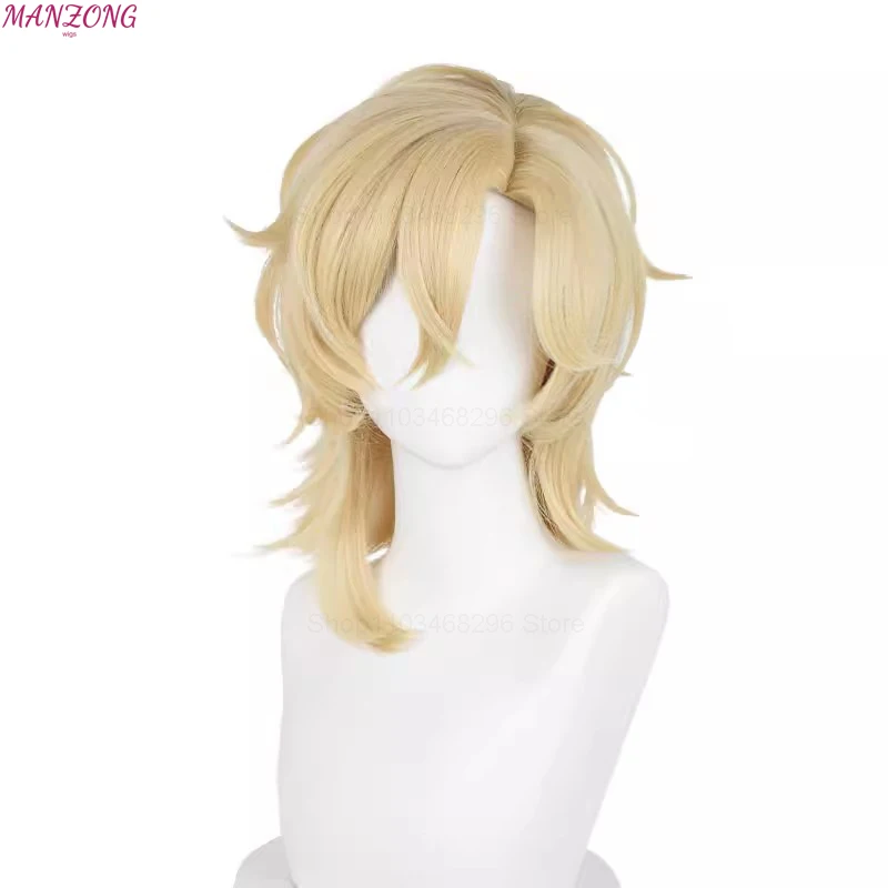 HSR Aventurine Wig Cosplay 40cm, Wig sintetis tahan panas rambut emas terang + topi Wig