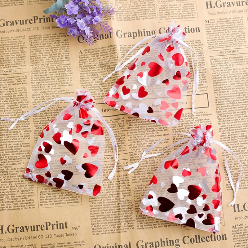 Red Love Heart Organza Bags Wedding Party Gift Candy Drawstring Bag Christmas Valentines Day Jewellery Pouches Display