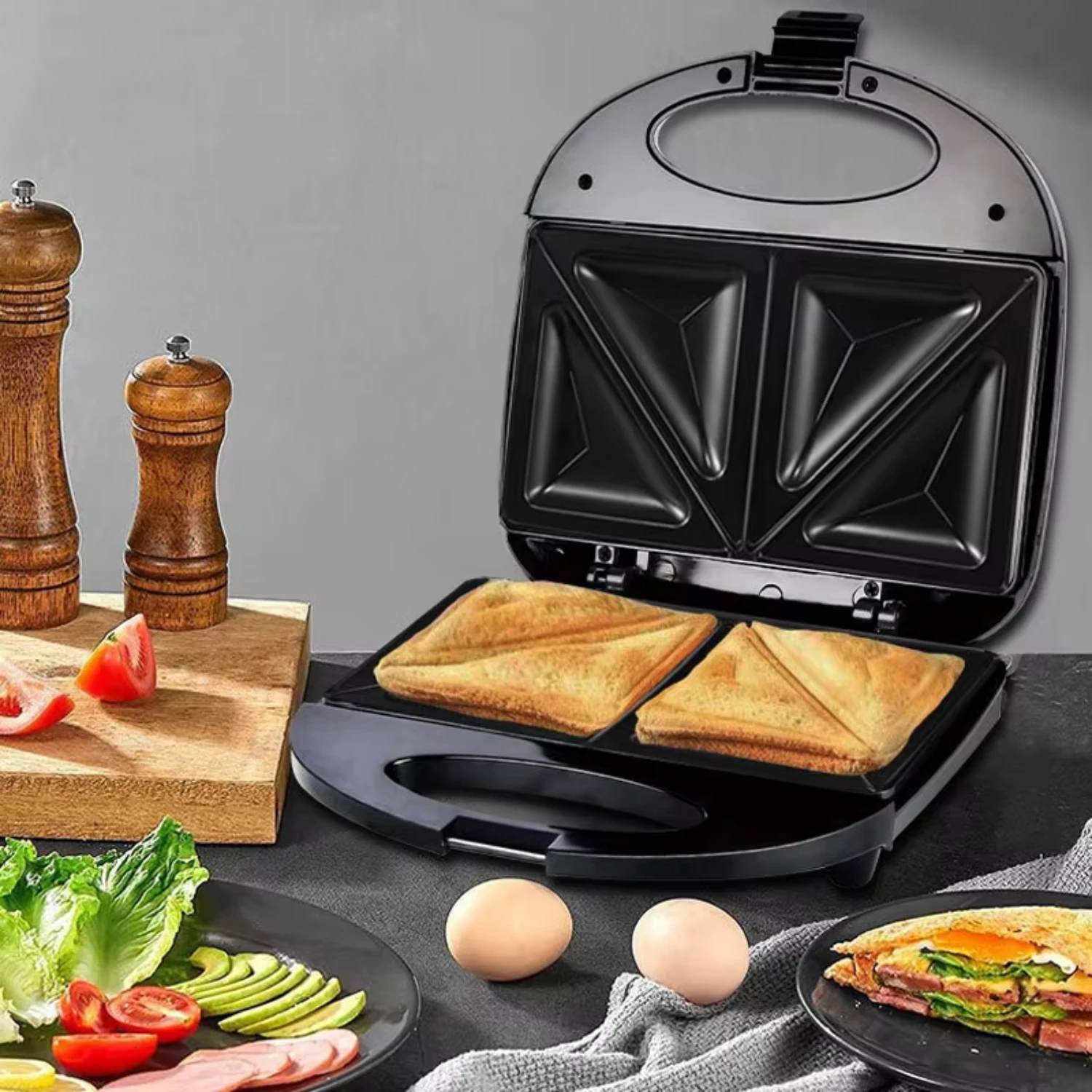 

750W Triangle Sandwich Maker Household Multifunction Breakfast Machine Non Stick Fast Baking Waffle Folded Plate Tool