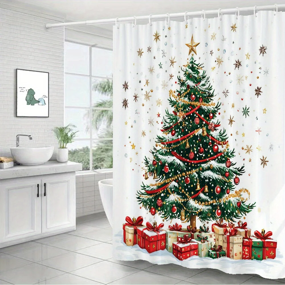 Festive Christmas Tree Shower Curtain - Golden Ornaments & Red Baubles Snowy Holiday Scene with Presents