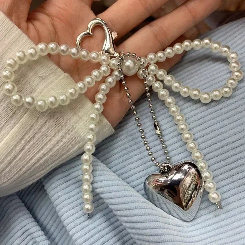 White Bowknot Heart Keychain Women Korean Sweet Charm Pearl Bow Backpack Key Ring Handmade Jewelry Ornament Bags Pendants Gifts