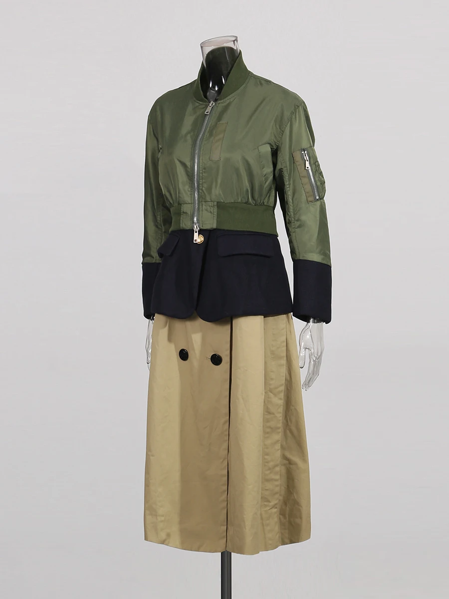 TWOTWINSTYLE Hit Color Spliced Buttons Windbreakers For Women High Waist Long Sleeve Patchwork Zipper Chic Trench Female Fashion