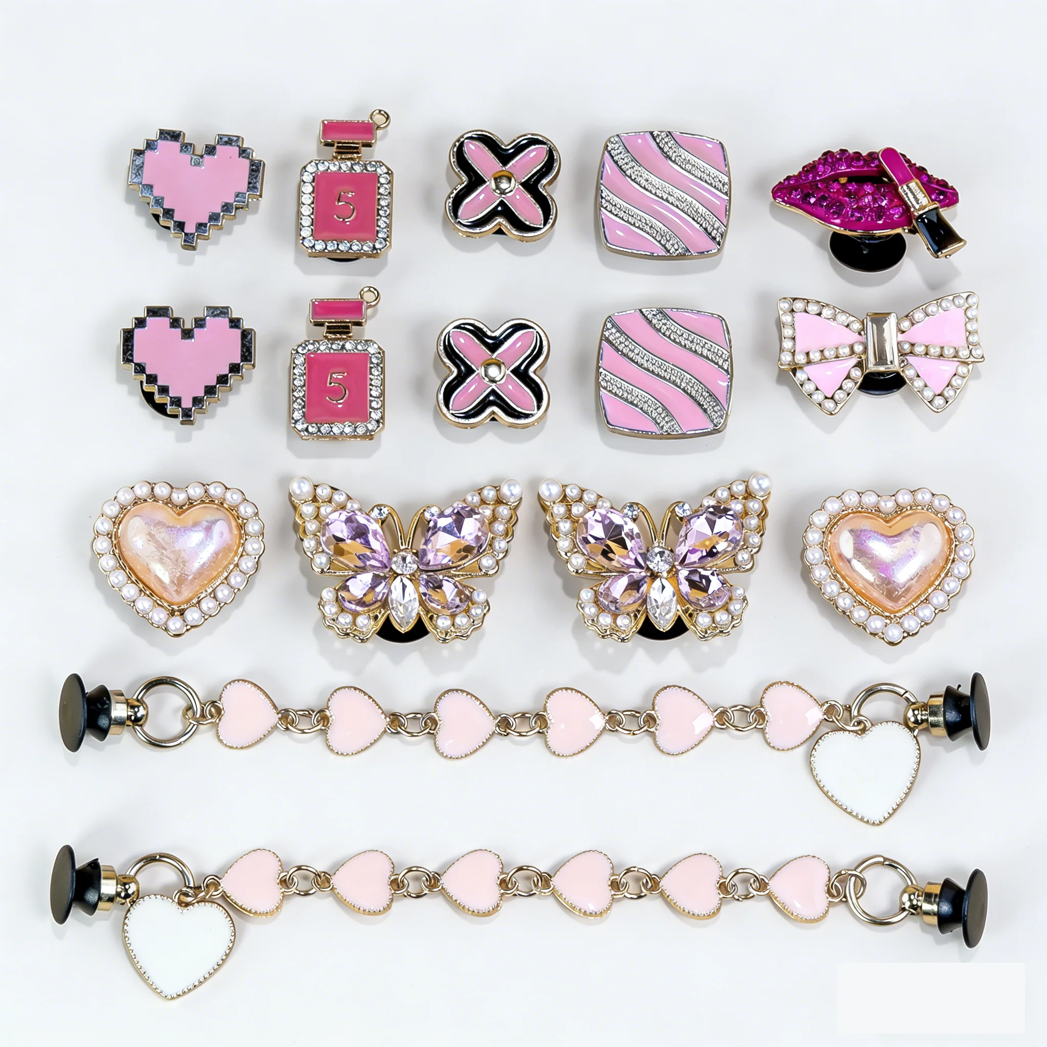 1/18Pcs Pink Pixel Heart Perfume Bottle Shoe Charms with Pearl Butterfly Chain, Fashion Rhinestone Bowknot Clog Decoration Gifts