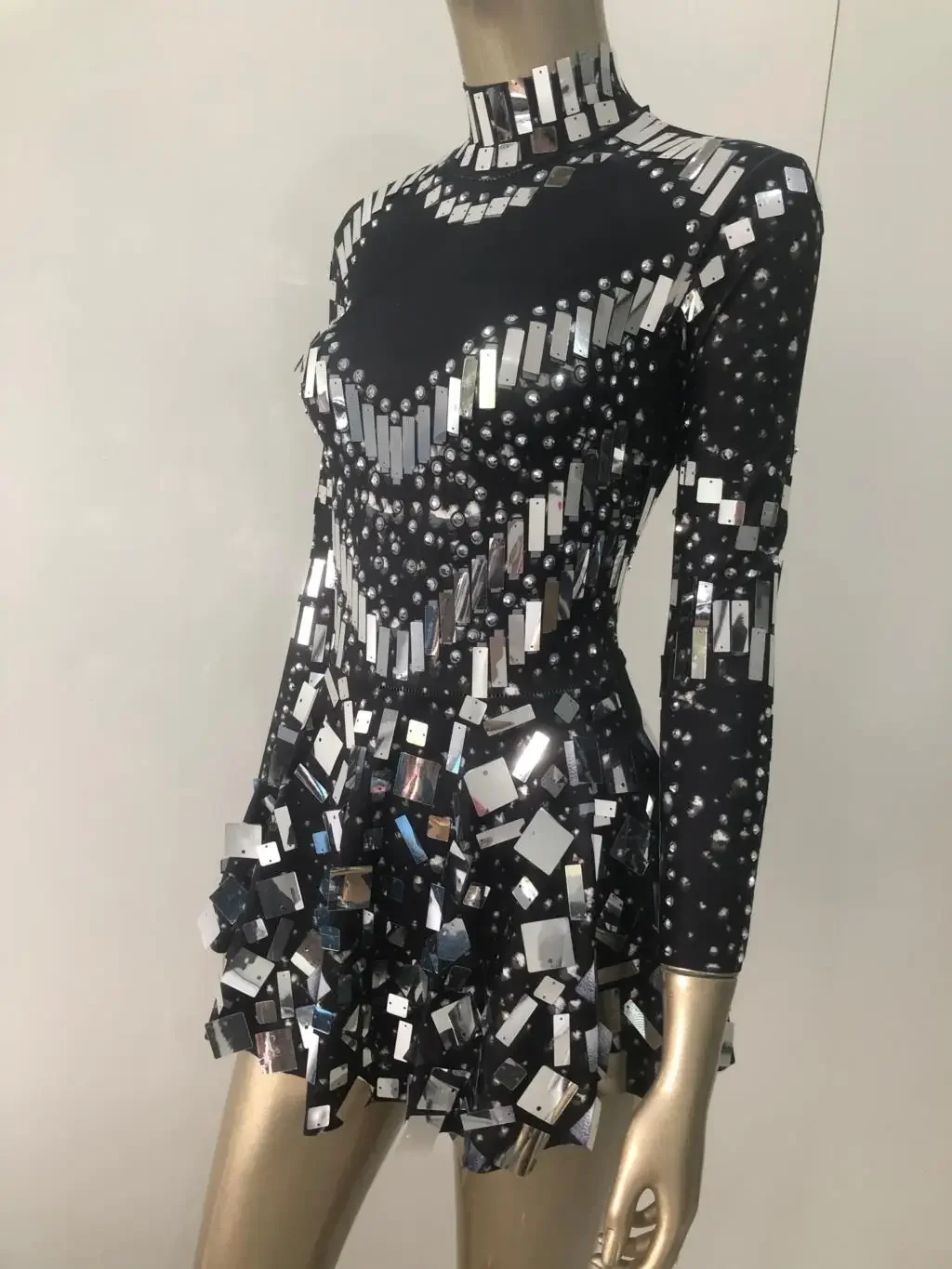 Schwarz Pailletten Spiegel Steine Mini Kleid Sexy Nachtclub Bar DJ DS Kostüme Sängerin Prom Party Leistung Jazz Bühne Tragen
