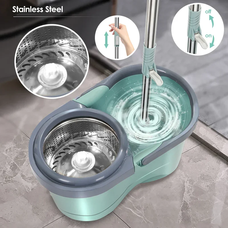 

360 ° Water Throwing Mop Double Drive Lazy Mop Barrel Rotating Stainless Steel Mop Drying Drum With Wringer Suit For Household