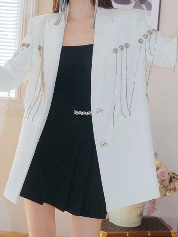 Yermora strass borla elegante blazer para mulheres lapela manga longa solto ajuste jaqueta moda maré primavera outono 2024 novo a70