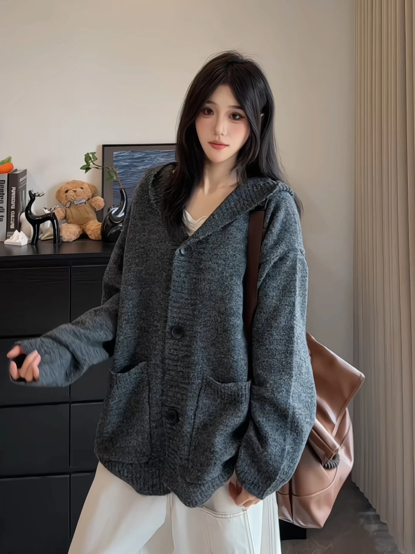 

Cleanfit k ey Open Cardigan Knitwear Men's Women's Loose Fit Hooded Sweatirt American Sle Heavyweight Lazy Sle