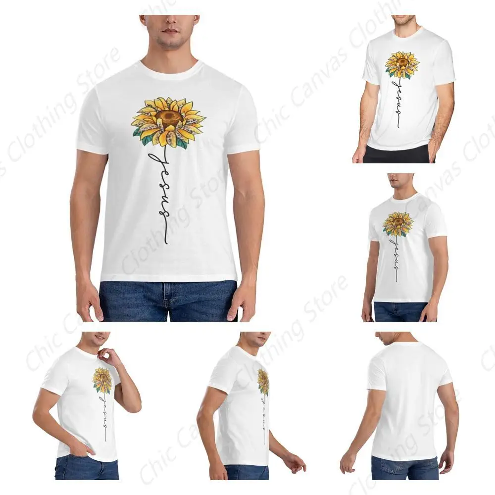 

Men's pure cotton T-shirt sunflower art pattern fashionable short sleeved T-shirt white comfortable casual top