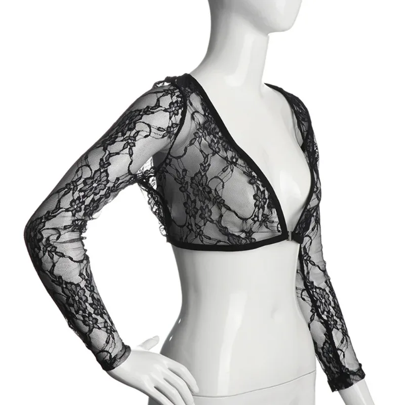 Vintage Tops Popular Women Mesh Lace See Through Crop Tops Sheer Seamless Female Smooth Shaper Shirt Shrugs Perspective