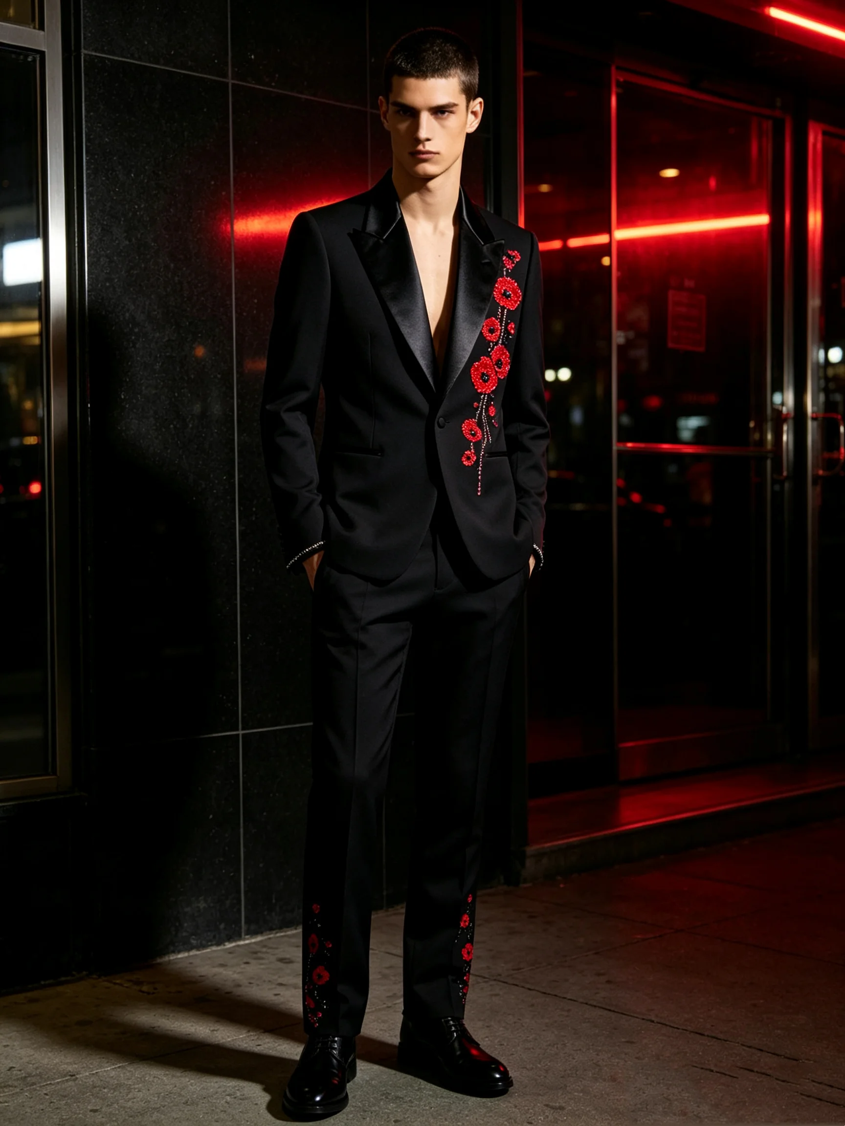 Crystals Floral Men Suit Set 2 Piece Blazer+Pants Black Prom Wedding Tuxedos Coat Customized Formal Office Fashion Groom Jacket
