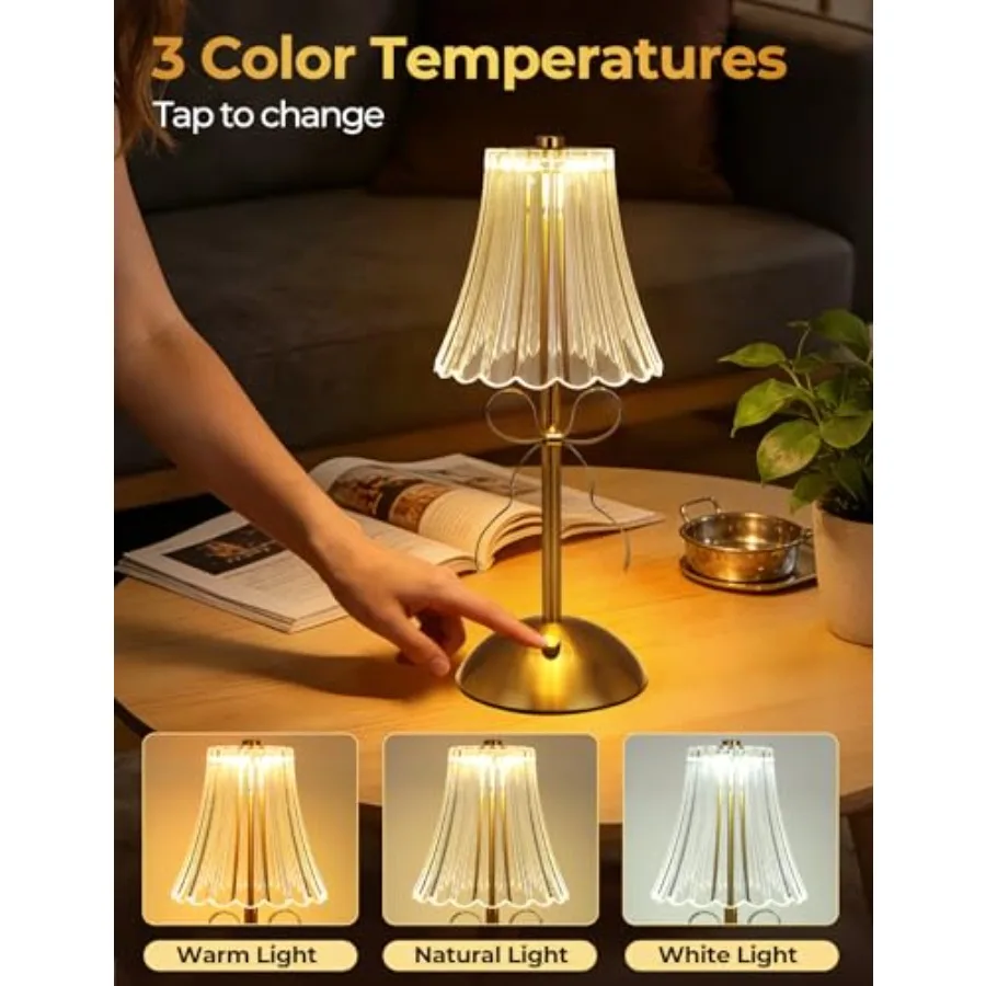 Crystal Bow Table Lamp Set of 2, Gold Rechargeable Table Lamp Cordless, 3 Color Dimmable LED Touch Lamps, Battery Operated Desk