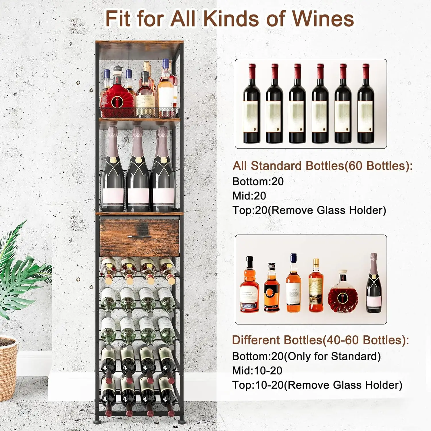 رف النبيذ المعياري القائم بذاته مع أقدام قابلة للتعديل وحامل زجاجي ودرج - يحمل 40 زجاجة لعرض شريط المنزل #2