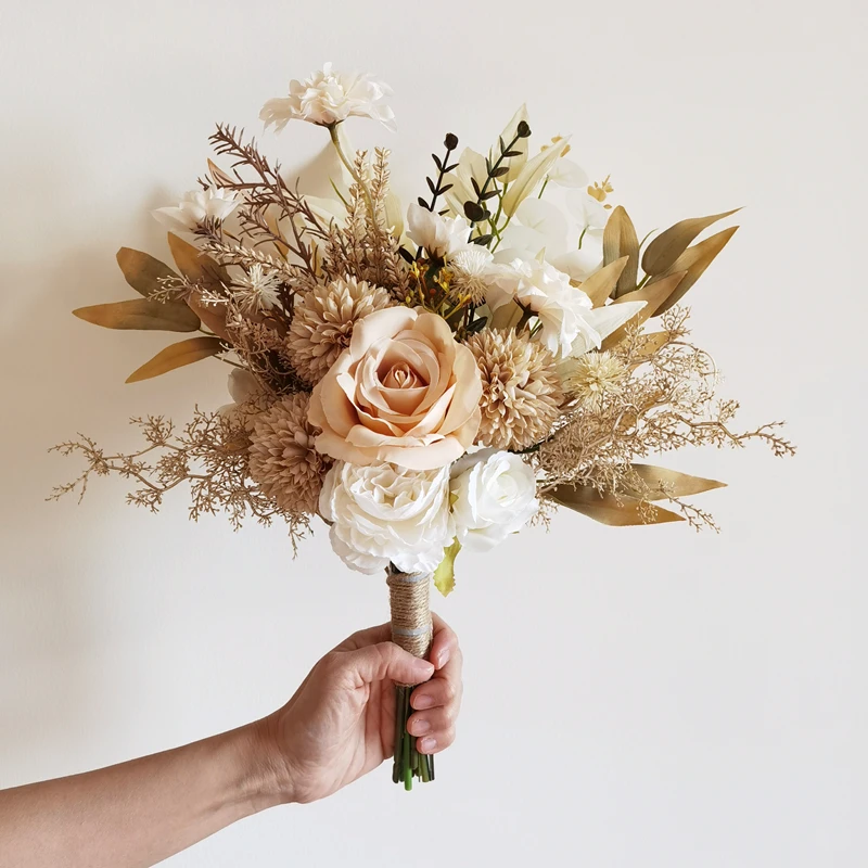 

ins wind beautiful coffee milk tea color hand bouquet simulated flower rose peony photo props home decoration