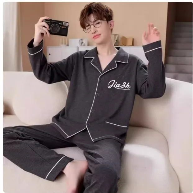 men's-pure-cotton-sleepwear-long-sleeve-outerwear-home-clothes-cardigan-set-spring-autumn-large-size-comfortable-knitted-fabric