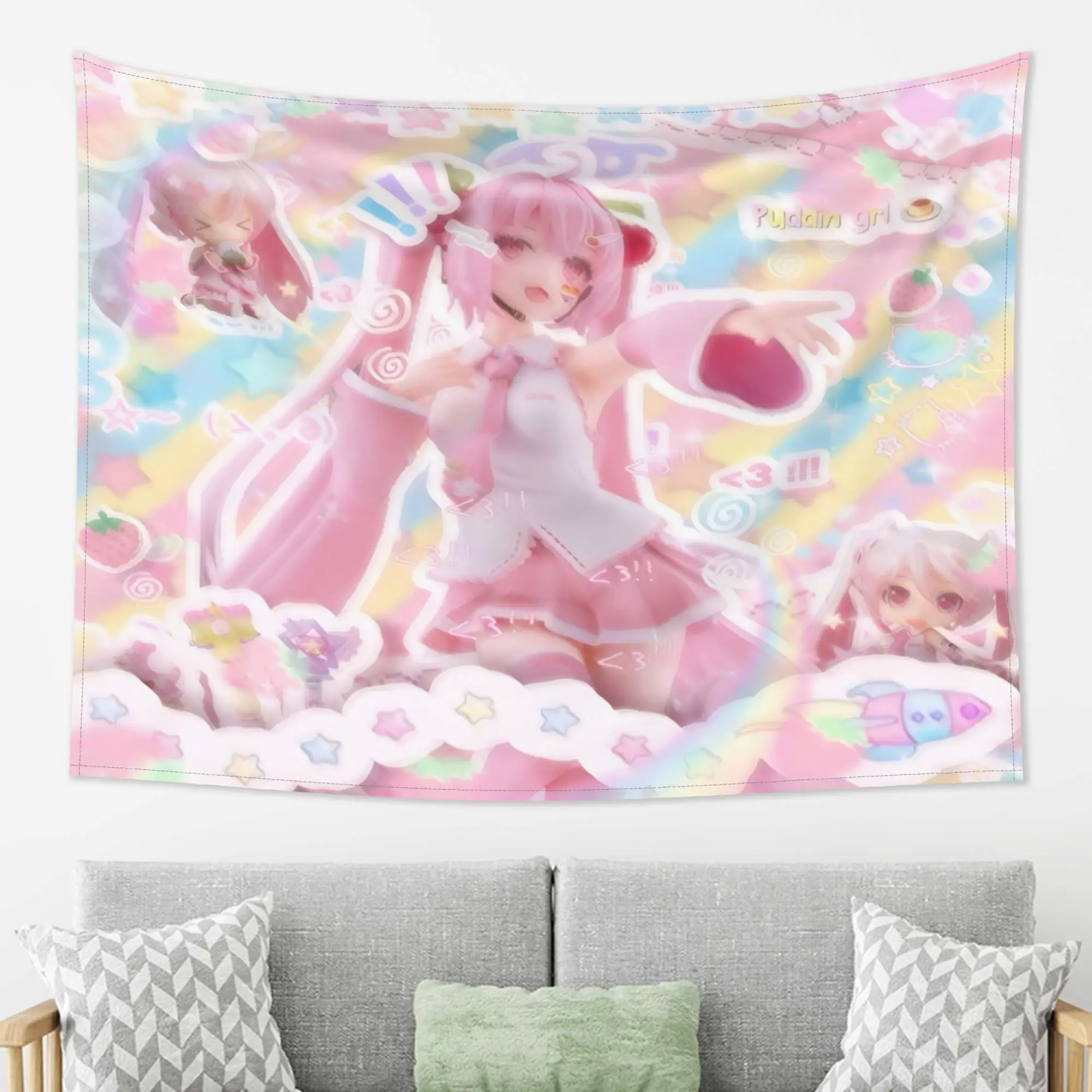 1pc S-Sakura M-Miku Cute Pink Anime Tapestry Pastel Sticker Style Wall Hanging Kawaii Strawberry Bedroom Decor pink room decor