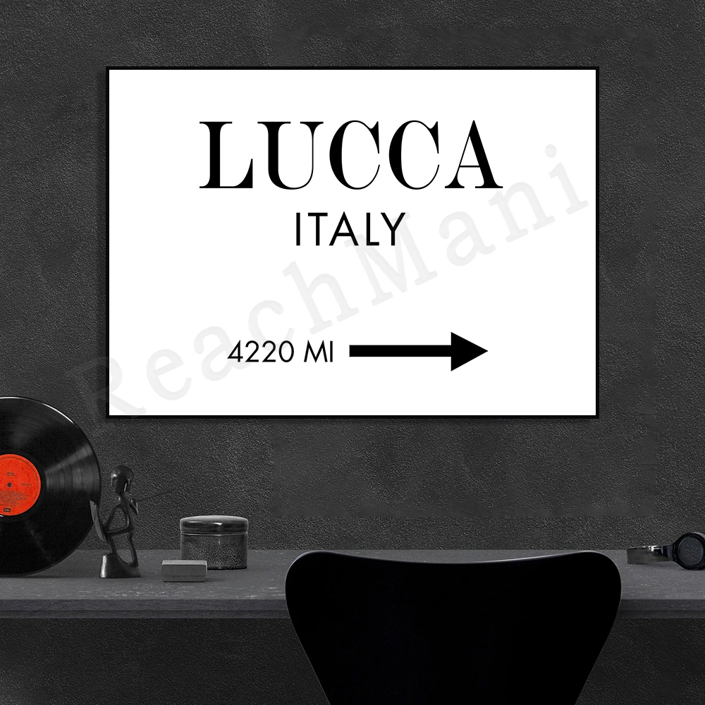 Lucca distance poster, modern wall art in Tuscany, Italy. Mileage, travel gift printing