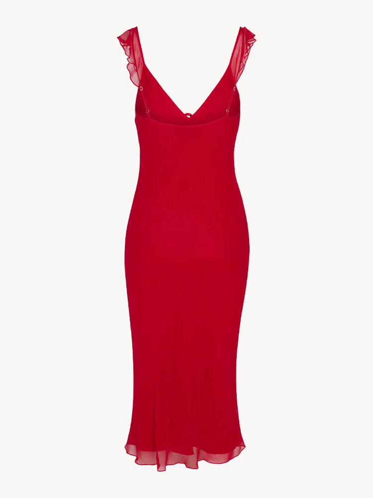 2024 Summer New Homemade Misty Elegant Gentle Sexy Style Flower V-neck Low cut Diagonal Cut Silk Dress