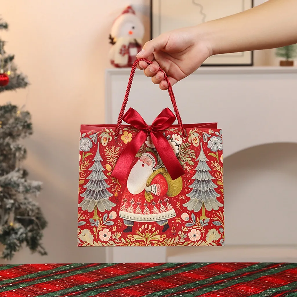 Christmas Printed Paper Gift Bags With Satin Ribbon Handles Santa Claus Xmas Tree Handheld Shopping Bag For Holiday Party Favors