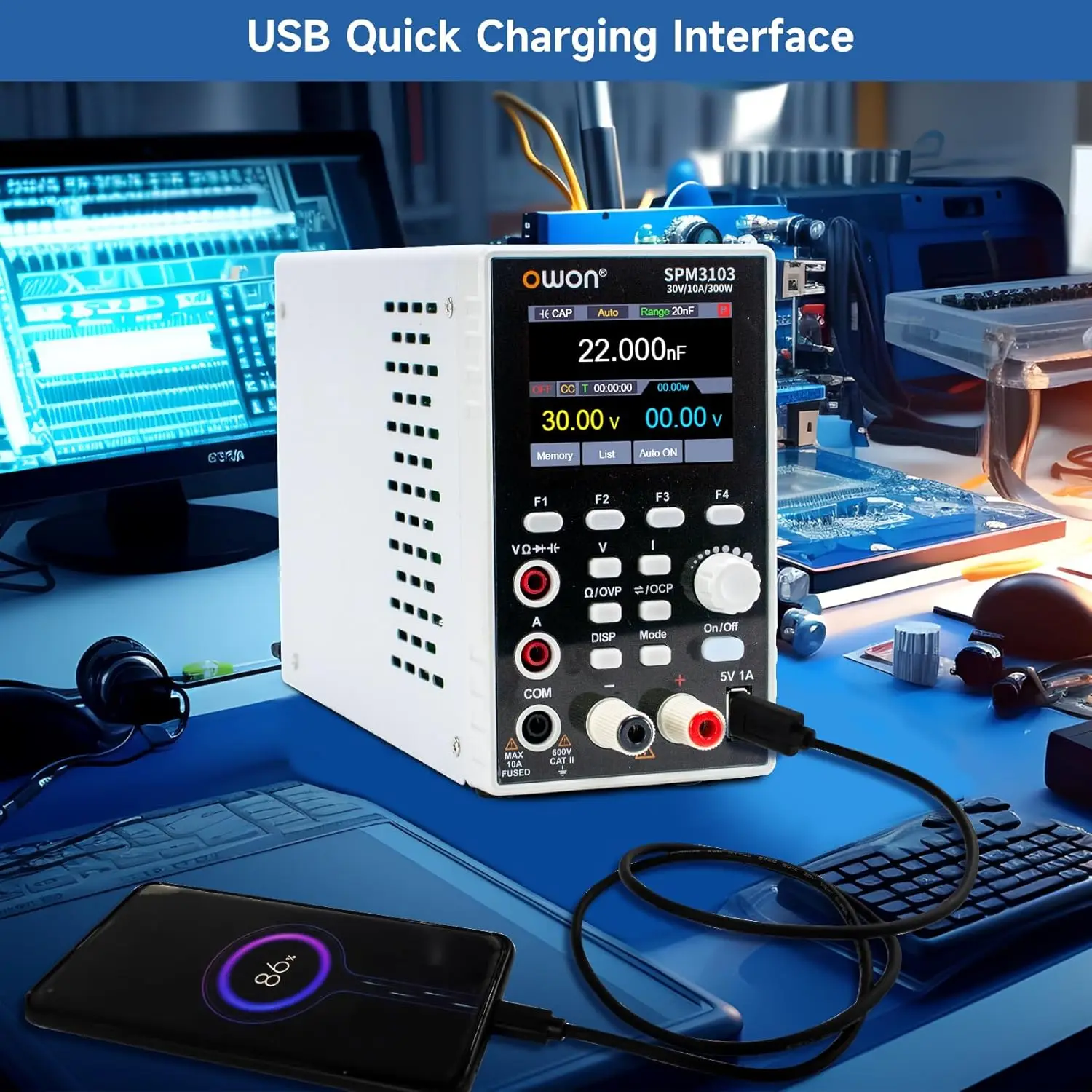 SPM3103 مزود طاقة تيار مستمر 2 في 1 ومقياس متعدد (0-30 فولت، 0-10 أمبير)، 2.8 بوصة LED، USB، 4.5 أرقام