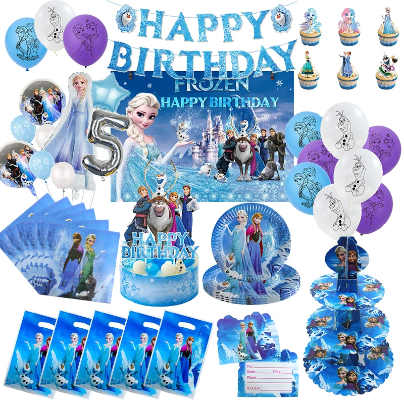 Disney The Snow Queen Elza Birthday Decoration Tableware Balloon Background Frozen Theme Birthday Party Cup Plate Tablecloth Kid