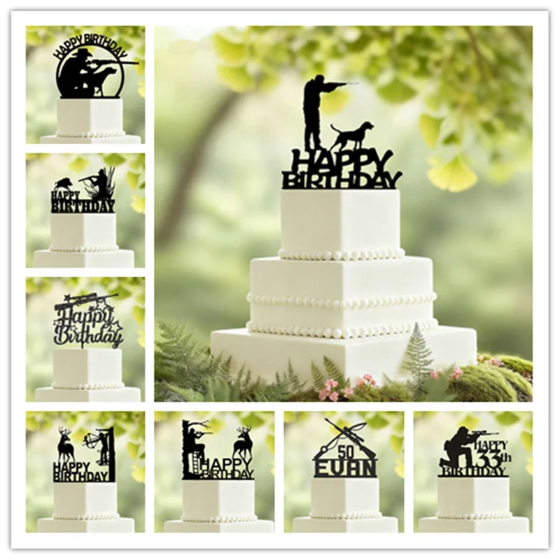 Tema de pistola, adorno para tarta de feliz cumpleaños, cazador con pistola con su perro de caza, adorno para tarta de cumpleaños para niños y hombres