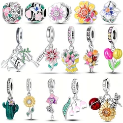 925 Sterling Silver Pink Daisy Pendant Fit Pandora Charms Silver 925 Original Bracelet for Jewelry Making