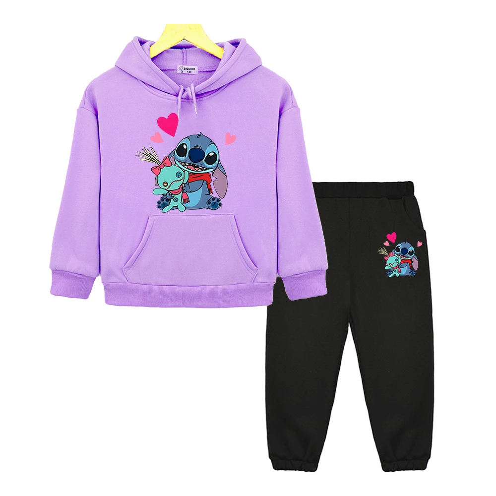 

Stitch Disney Anime hoodie 2pcs pullover+pants Fleece sweatshirt disney Casual Jacket boy girl Hooded Sets kids boutique clothes