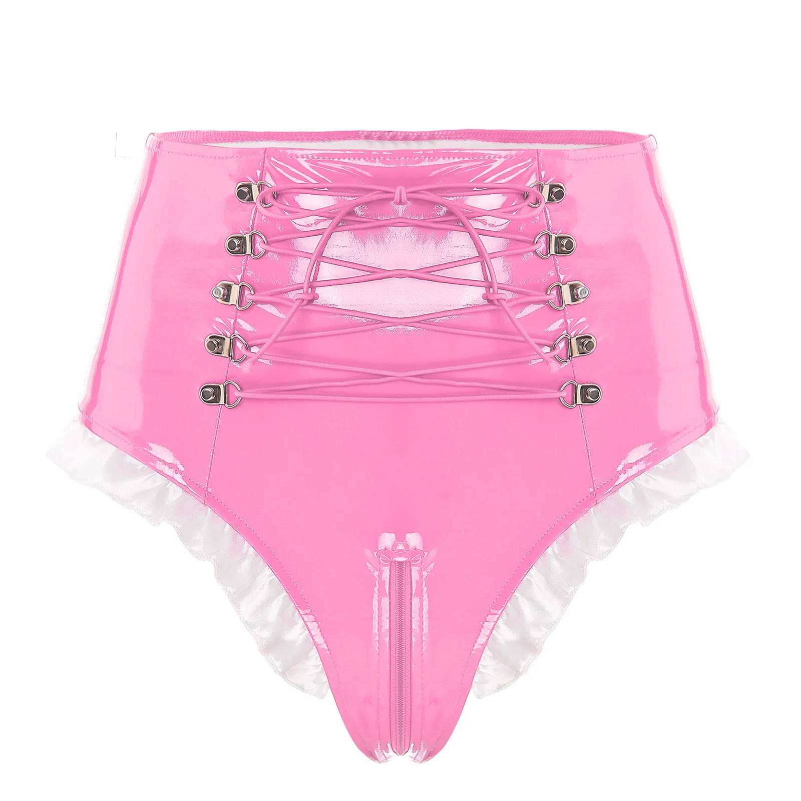 Womens Lingerie Zipper Crotch Latex Underwear Glossy Patent Leather High Waist Lace-up Frilly Maid Knickers Panties Clubwear