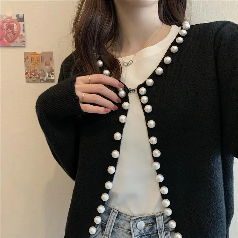 Spring and Autumn Lazy Style Design Sense Pearl Edge Sweater Women\'s French Outfit Versatile Knitted Cardigan Coat