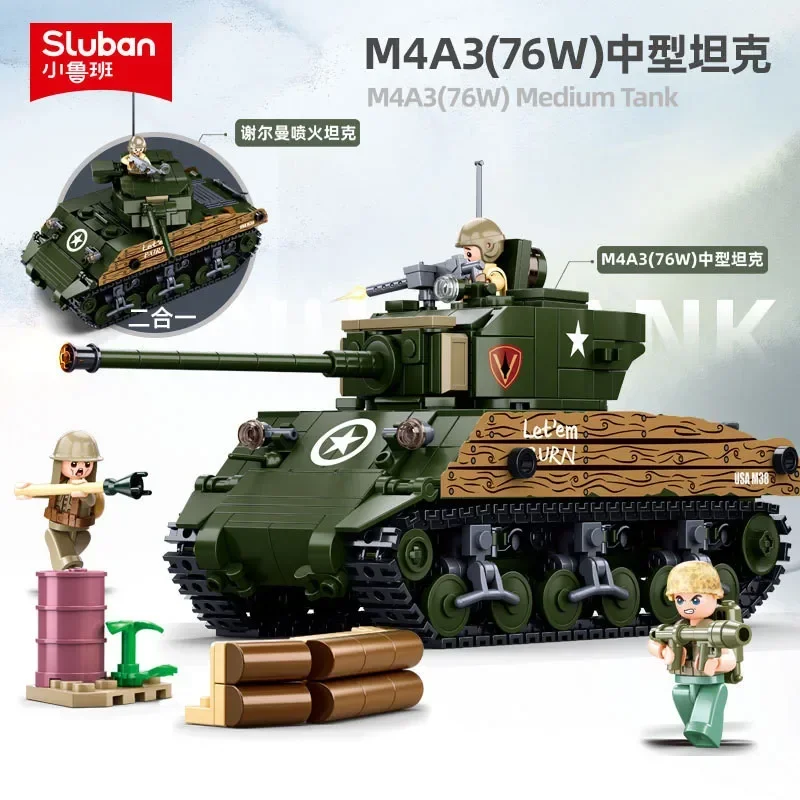 

715PCS Army Sherman M4A3 76W Medium Tank Model Building Block MBT Military DIY Creative Juguetes Educational Toys for Children