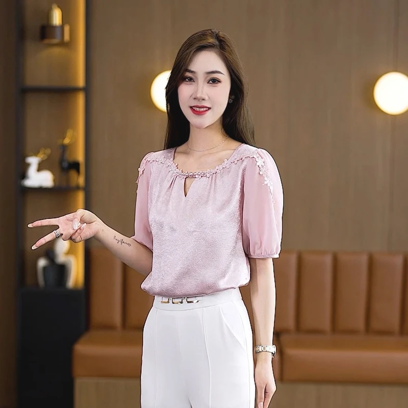 Blusa de gasa de estilo francés para mujer, Tops de manga corta con cuentas y cuello redondo, ropa informal elegante para uso diario, verano 2025
