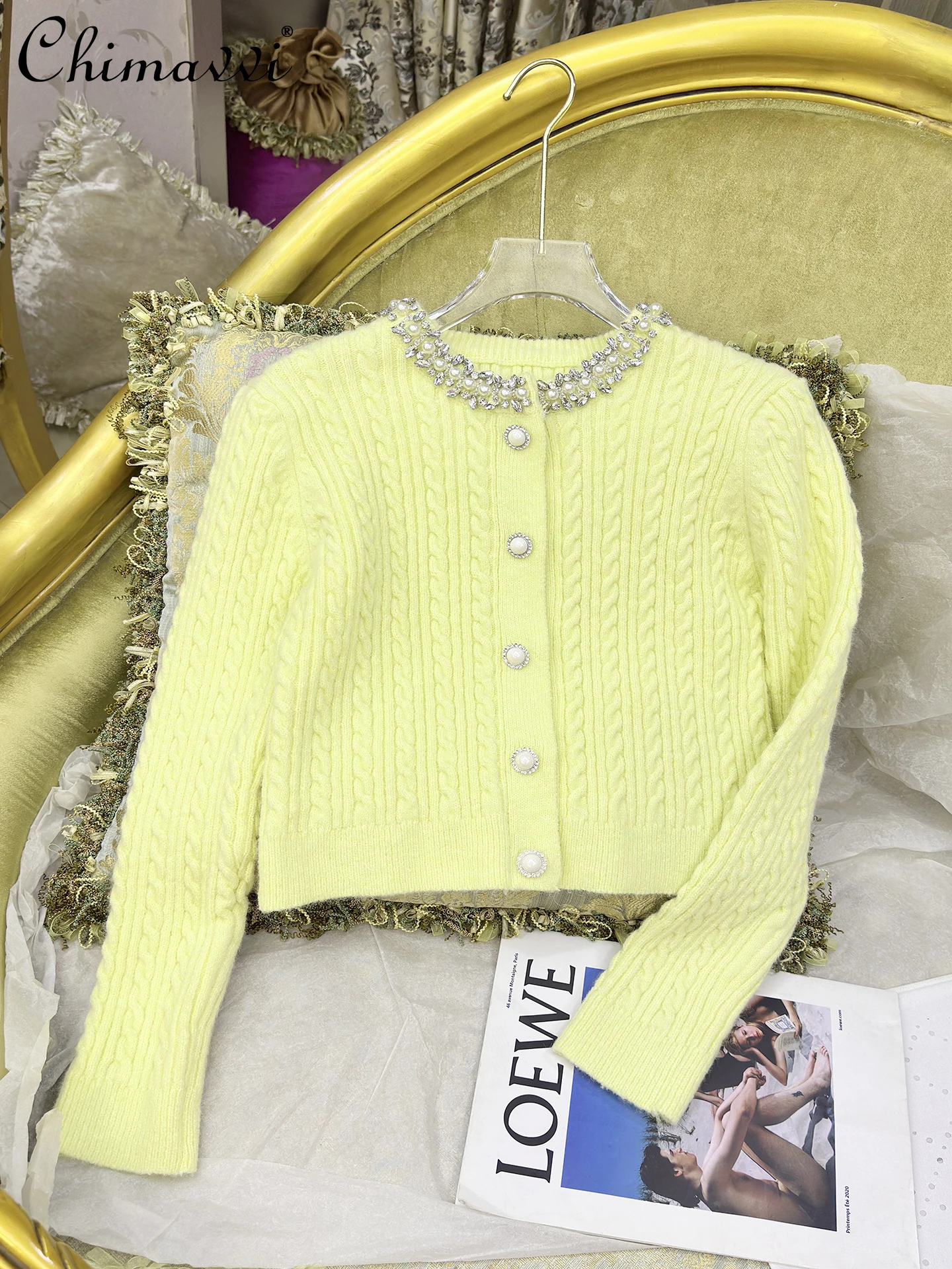 

2025 Autumn Winter New Heavy Retro Short Rhinestone Knitted Cardigan Fashion Long Sleeve Slim Fit Elegant Sweater Coat