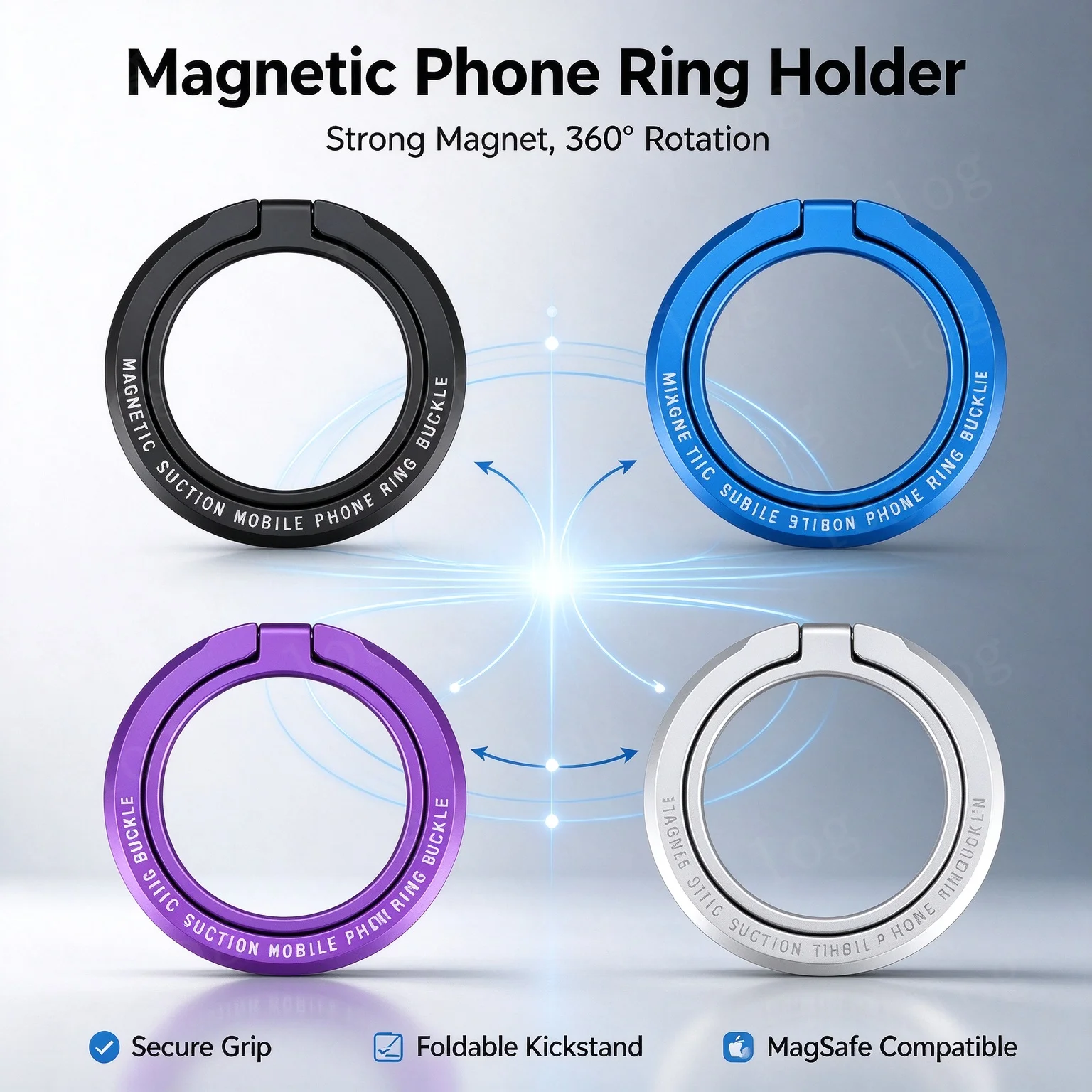 Magnetic Phone Ring Holder for MagSafe, 360° Rotatable Removable Finger Grip Kickstand for iPhone Samsung Huawei Xiaomi