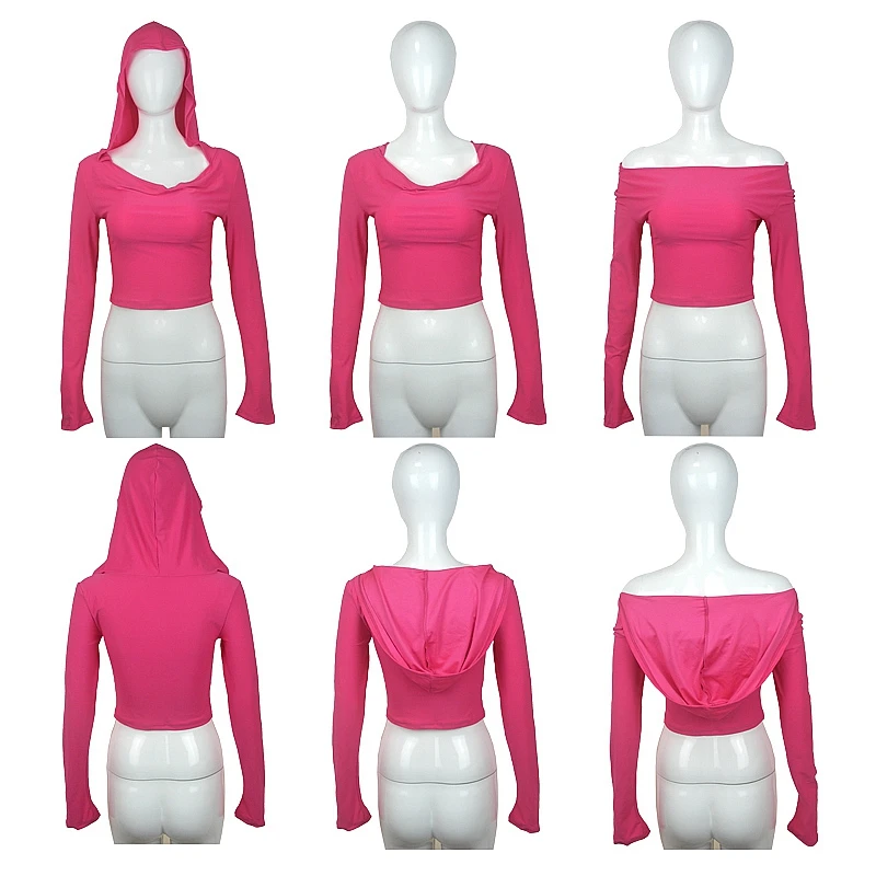 Flare Langarm-Crop-Top mit Kapuze für Damen, Herbst 2025, einfarbig, elastisch, lässig, T-Shirt, Pullover, Florkragen, Y2k-T-Shirt 2526 – Detail 5
