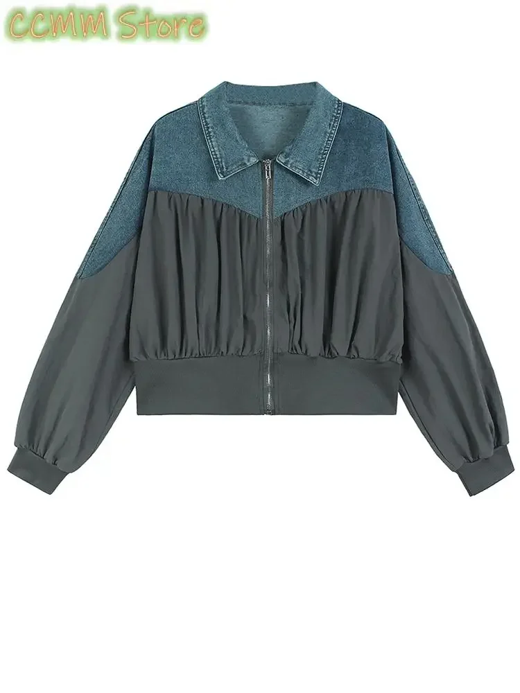 

Gray Denim Pleated Big Size Casual Jacket New Lapel Long Sleeve Women Coat Fashion Tide Spring Autumn