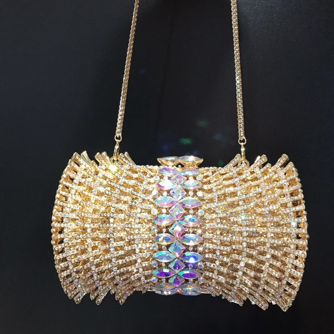 

XIYUAN Hollow Out Blue Rhinestone Crystal Small Shoulder Purse 100% Handmade Diamond Money Handbags Clutches Mini Evening Bag