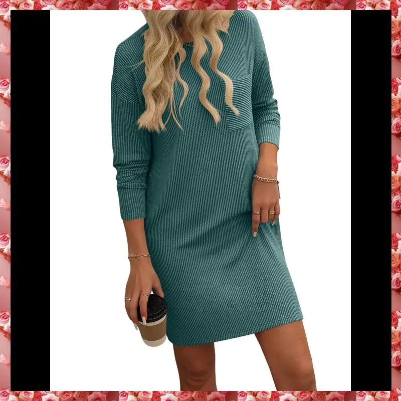 Mini robe t-shirt côtelée à manches longues et col rond pour femme, décontractée, automne