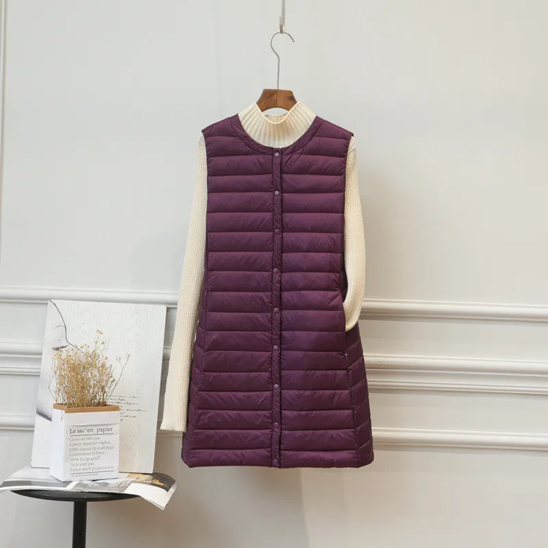 Women Down Waistcoat Winter Ultra Light White Duck Down Vest Coat Ladies Single-breasted O Neck Sleeveless Midi Long Tank Jacket