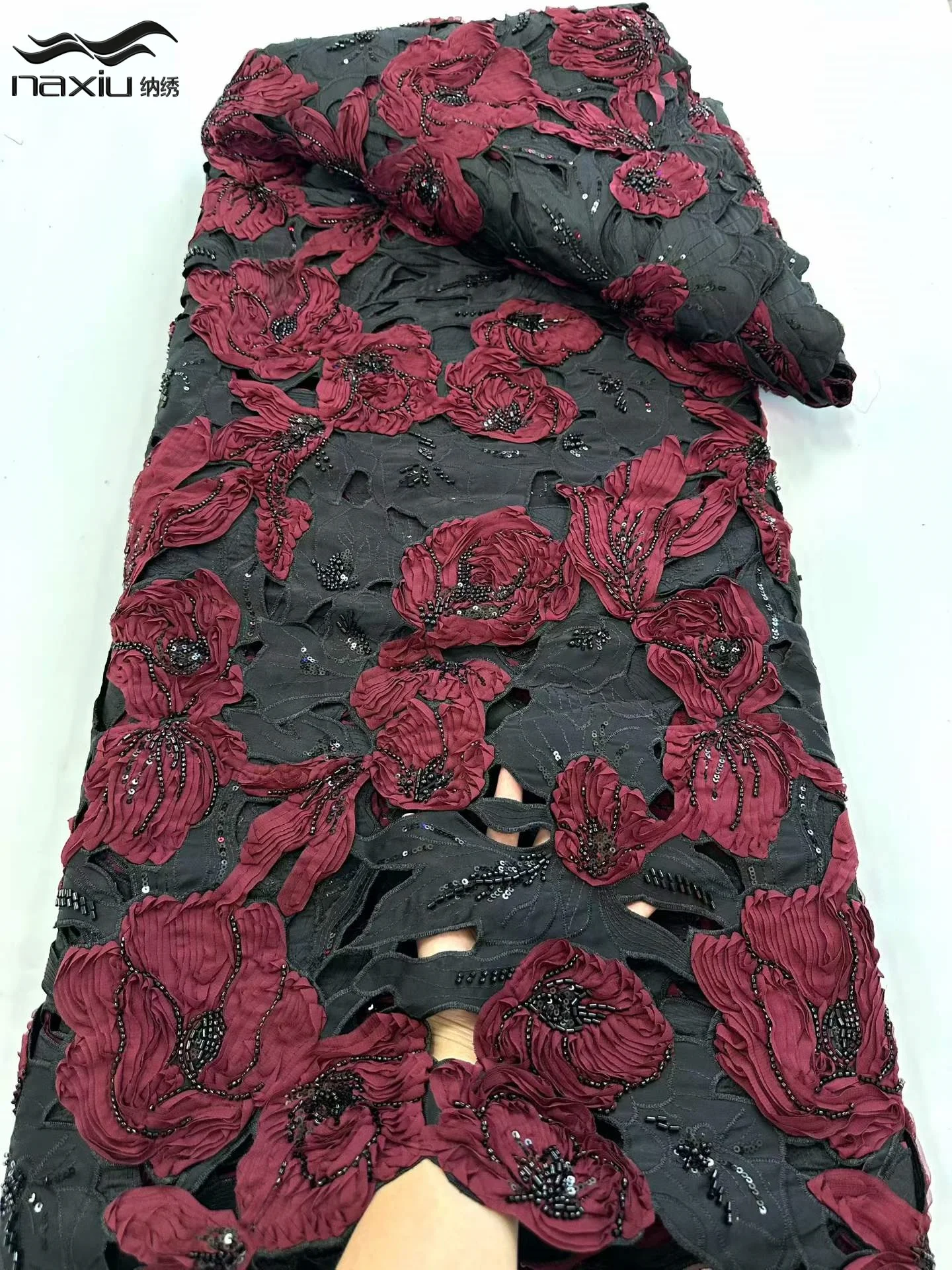 

Madison 2026 Latest Elegant Best Quality Luxurious Chiffon mesh Lace With Lots Beads fabric For Party Evening Dress