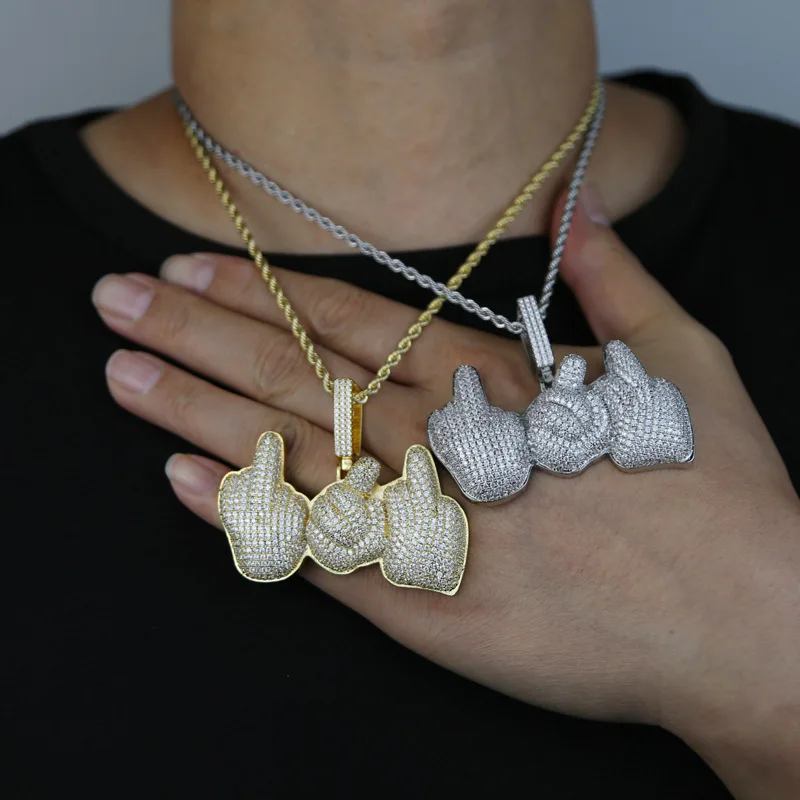 Hip Hop 3A+ CZ Stone Paved Bling Iced Out Palm Gesture Pendants Necklace For Men Charm Rapper Jewelry Gold Silver Color