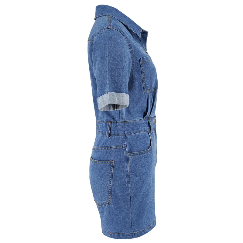 Damski kombinezon jeansowy Benuynffy z krótkim rękawem, kołnierzykiem, kieszeniami, elastyczną talią, w stylu casual streetwear.