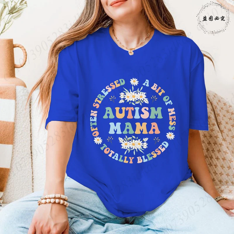 Groovy Autism Mama T-Shirt Women Retro Floral Print Tops Often Stressed Blessed Mom Life Casual Short Sleeve Tees for Autism Mom