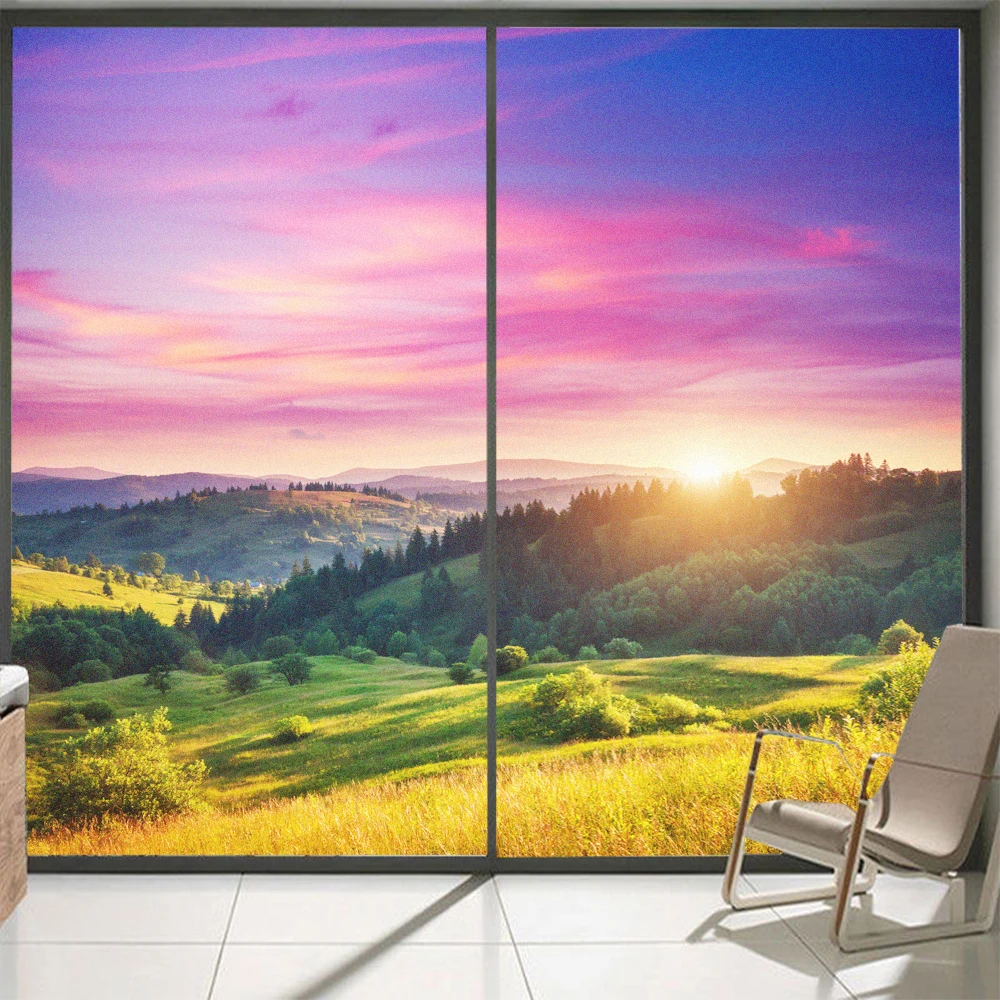 

Window Privacy Glass Film Romantic Scenery Pattern Frosted Sliding Door Film Static Clings Non-Glue Anti UV Glass Stained Film