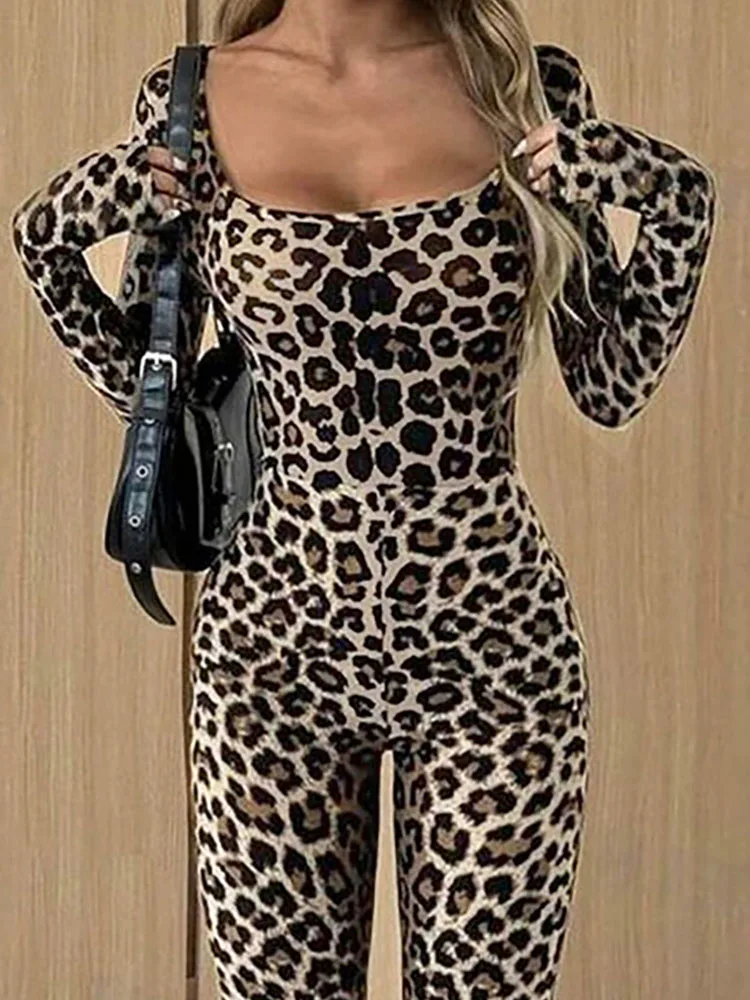 Fashion Square Neck Hight Street Jumpsuit Women's Casual Long Sleeve Slim Fit Long Romper Elegant Leopard Print Party Playsuits